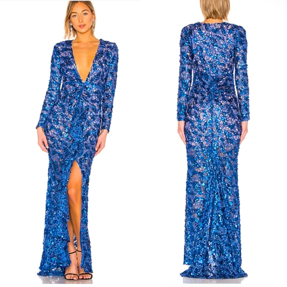 NWT X BY NBD ICE MELTS ELECTRIC BLUE SEQUIN LUXURY MAXI GOWN SIZE XXS